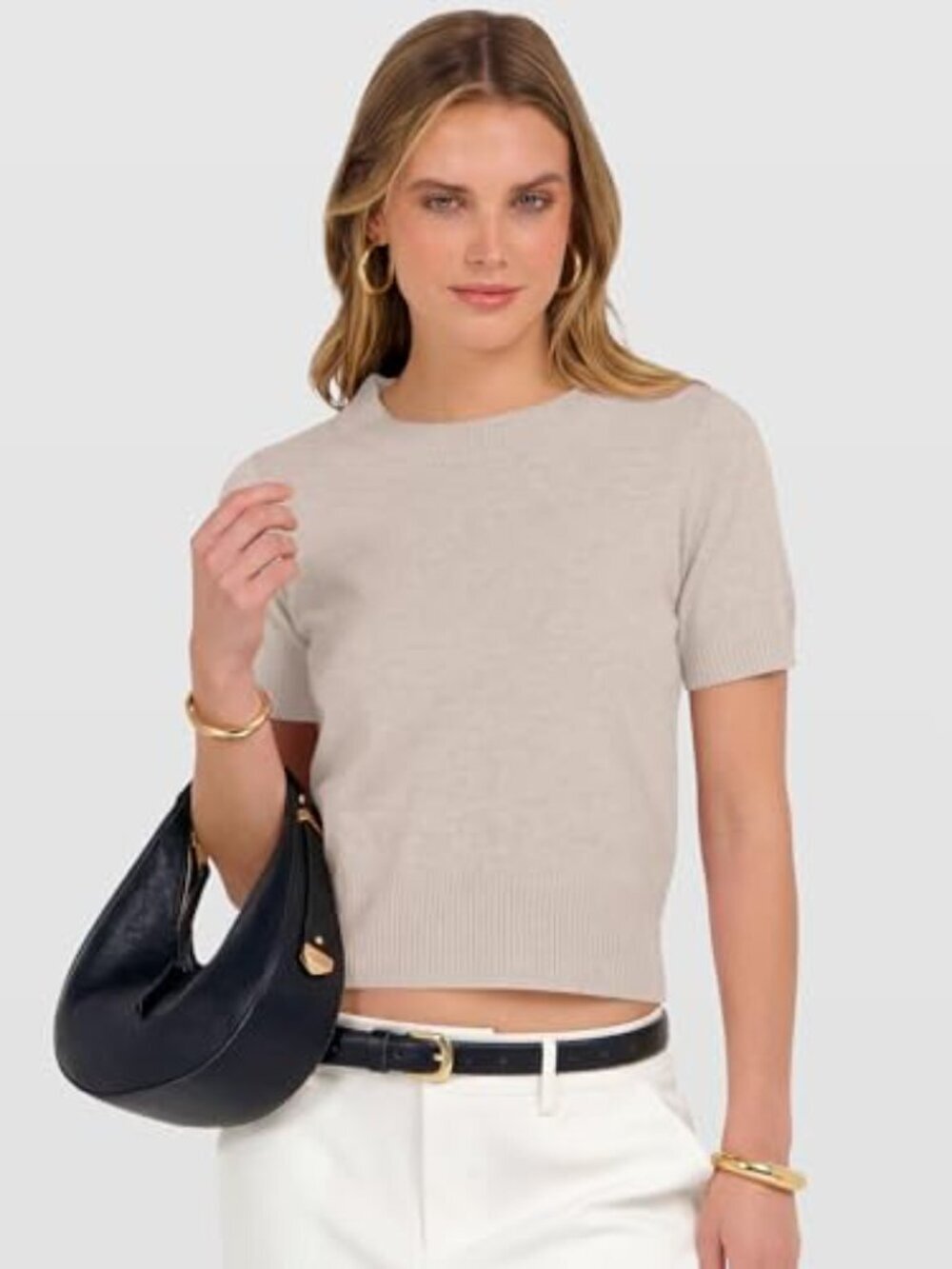 π Womens Short Sleeve Sweaters Cropped Crew Neck Business Casual Lightweight - Picture 4 of 7